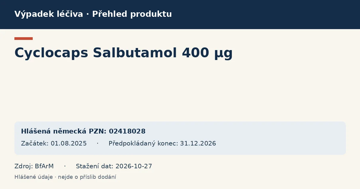 Cyclocaps Salbutamol 400 µg: přehled německého výpadku s hlášenými baleními a obdobím (BfArM) Cyclocaps Salbutamol 400 µg: přehled německého výpadku s hlášenými baleními a obdobím (BfArM)