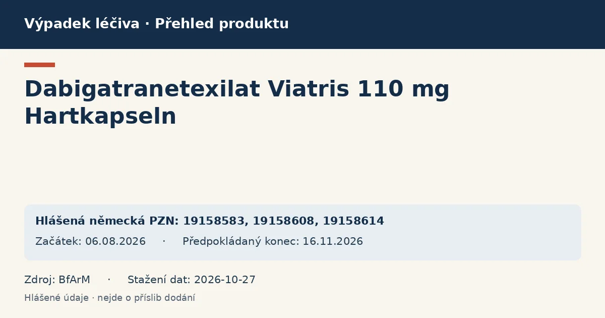 Dabigatranetexilat Viatris 110 mg Hartkapseln: přehled německého výpadku s hlášenými baleními a obdobím (BfArM) Dabigatranetexilat Viatris 110 mg Hartkapseln: přehled německého výpadku s hlášenými baleními a obdobím (BfArM)