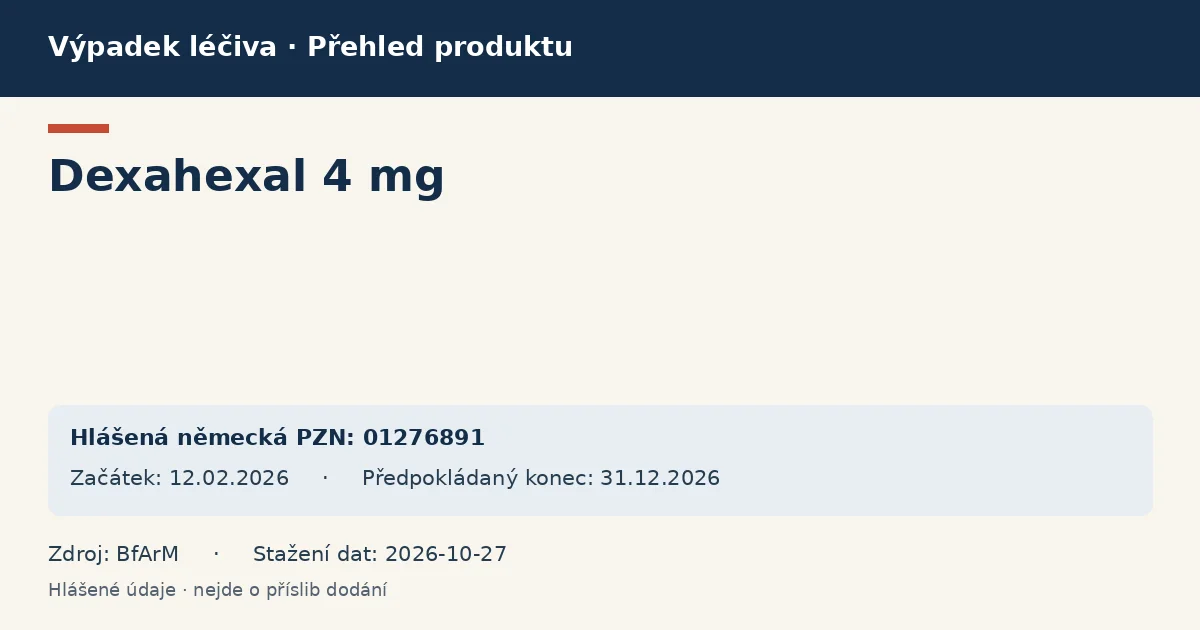 Dexahexal 4 mg: přehled německého výpadku s hlášenými baleními a obdobím (BfArM) Dexahexal 4 mg: přehled německého výpadku s hlášenými baleními a obdobím (BfArM)