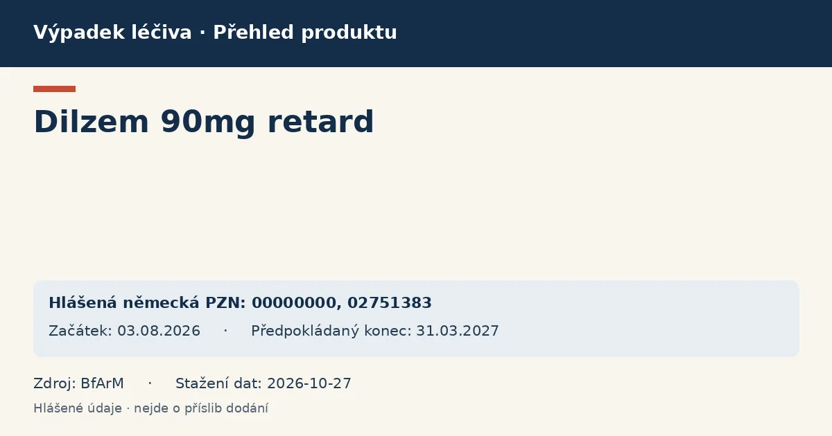 Dilzem 90mg retard: přehled německého výpadku s hlášenými baleními a obdobím (BfArM) Dilzem 90mg retard: přehled německého výpadku s hlášenými baleními a obdobím (BfArM)