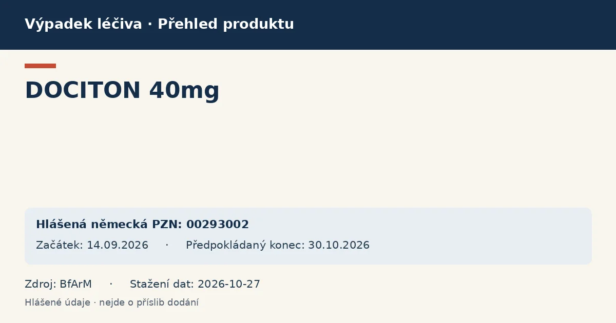 DOCITON 40mg: přehled německého výpadku s hlášenými baleními a obdobím (BfArM) DOCITON 40mg: přehled německého výpadku s hlášenými baleními a obdobím (BfArM)