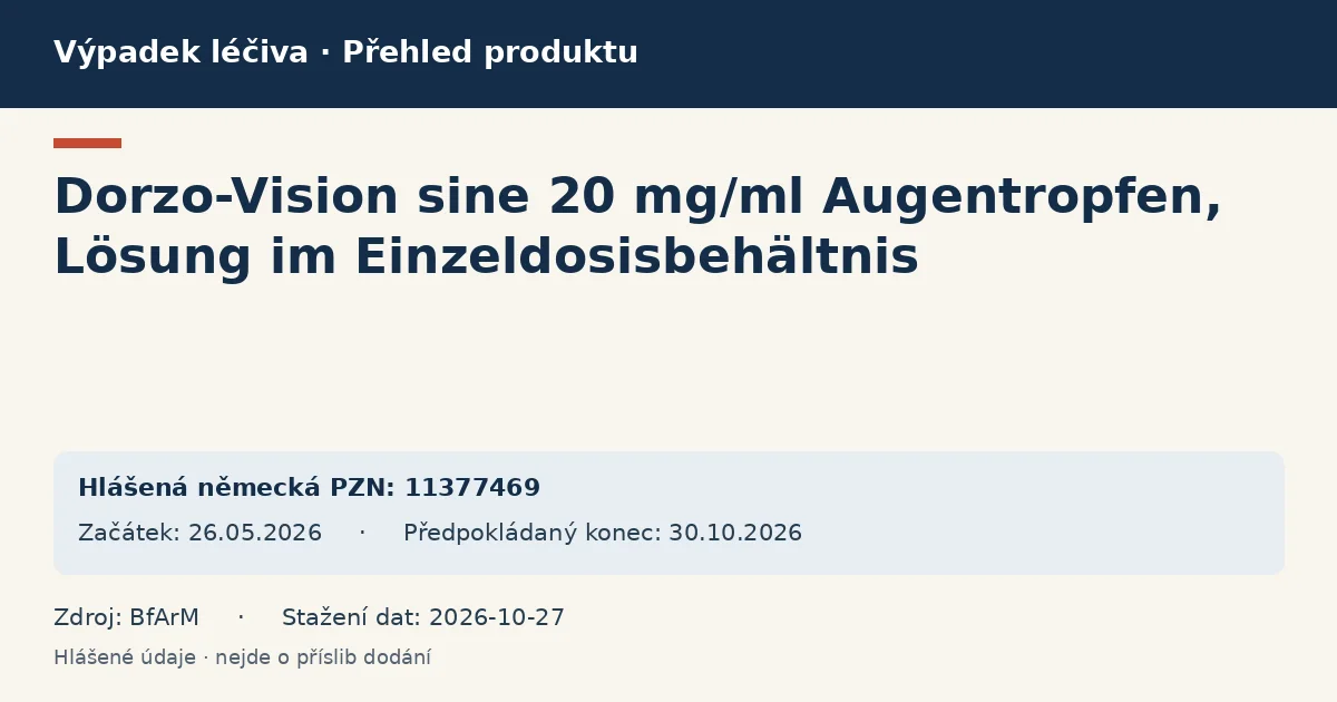 Dorzo-Vision sine 20 mg/ml Augentropfen, Lösung im Einzeldosisbehältnis: přehled německého výpadku s hlášenými baleními a obdobím (BfArM) Dorzo-Vision sine 20 mg/ml Augentropfen, Lösung im Einzeldosisbehältnis: přehled německého výpadku s hlášenými baleními a obdobím (BfArM)