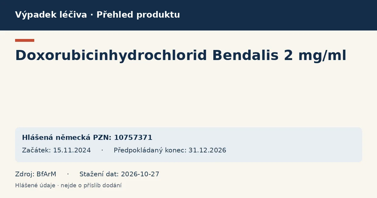 Doxorubicinhydrochlorid Bendalis 2 mg/ml: přehled německého výpadku s hlášenými baleními a obdobím (BfArM) Doxorubicinhydrochlorid Bendalis 2 mg/ml: přehled německého výpadku s hlášenými baleními a obdobím (BfArM)