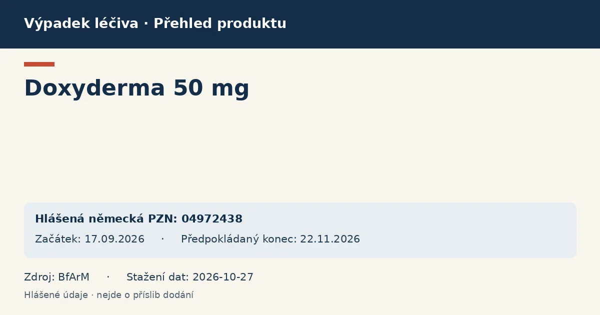 Doxyderma 50 mg: přehled německého výpadku s hlášenými baleními a obdobím (BfArM) Doxyderma 50 mg: přehled německého výpadku s hlášenými baleními a obdobím (BfArM)