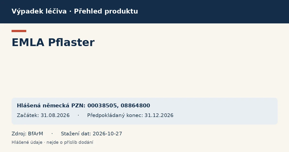 EMLA Pflaster: přehled německého výpadku s hlášenými baleními a obdobím (BfArM) EMLA Pflaster: přehled německého výpadku s hlášenými baleními a obdobím (BfArM)