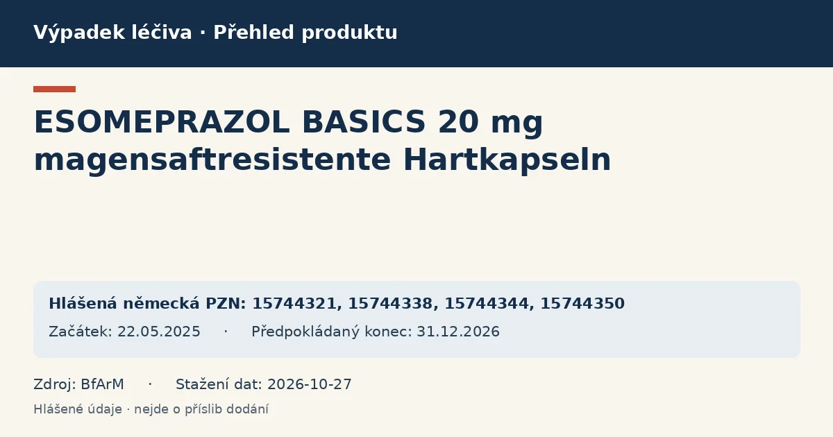 ESOMEPRAZOL BASICS 20 mg magensaftresistente Hartkapseln: přehled německého výpadku s hlášenými baleními a obdobím (BfArM) ESOMEPRAZOL BASICS 20 mg magensaftresistente Hartkapseln: přehled německého výpadku s hlášenými baleními a obdobím (BfArM)