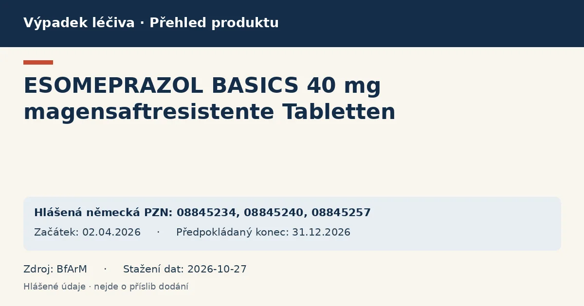 ESOMEPRAZOL BASICS 40 mg magensaftresistente Tabletten: přehled německého výpadku s hlášenými baleními a obdobím (BfArM) ESOMEPRAZOL BASICS 40 mg magensaftresistente Tabletten: přehled německého výpadku s hlášenými baleními a obdobím (BfArM)