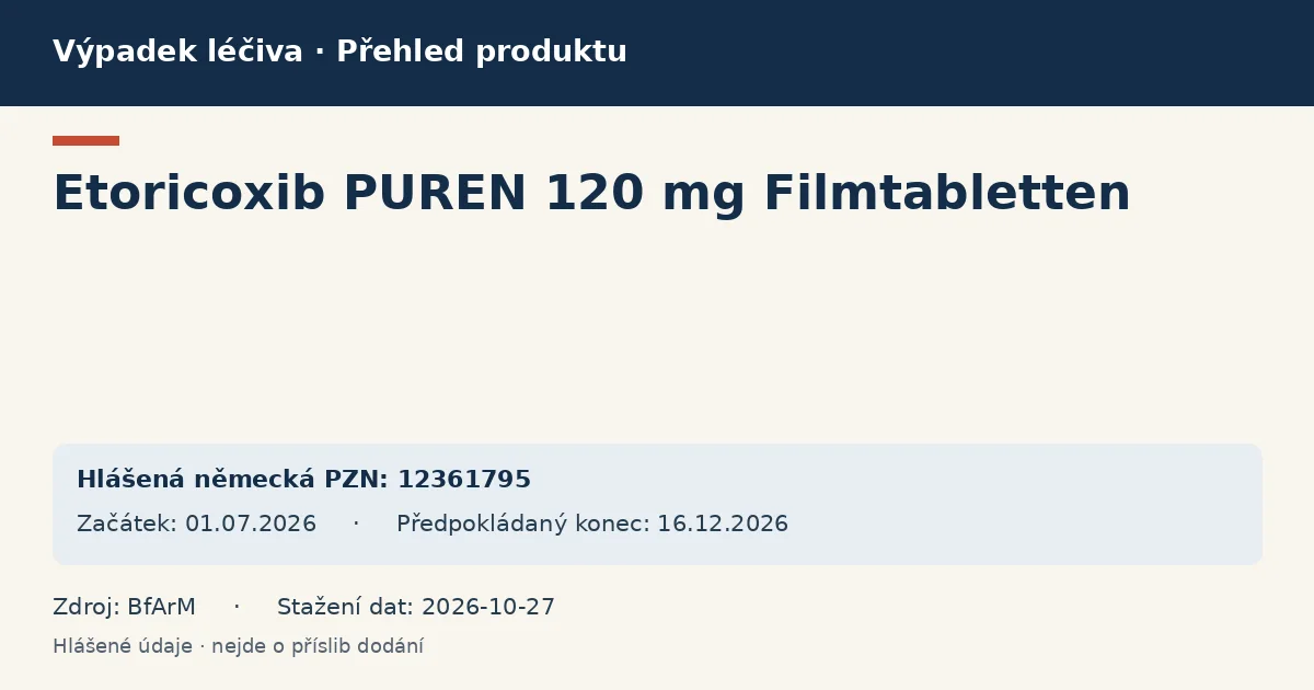 Etoricoxib PUREN 120 mg Filmtabletten: přehled německého výpadku s hlášenými baleními a obdobím (BfArM) Etoricoxib PUREN 120 mg Filmtabletten: přehled německého výpadku s hlášenými baleními a obdobím (BfArM)