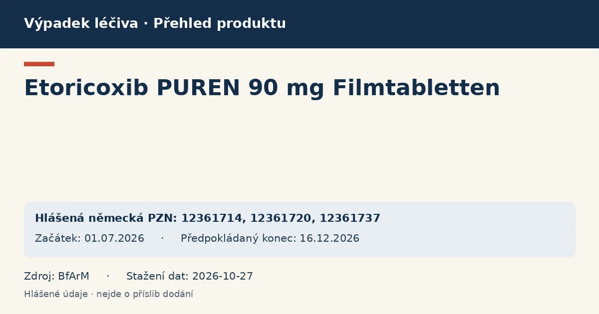 Etoricoxib PUREN 90 mg Filmtabletten: přehled německého výpadku s hlášenými baleními a obdobím (BfArM) Etoricoxib PUREN 90 mg Filmtabletten: přehled německého výpadku s hlášenými baleními a obdobím (BfArM)