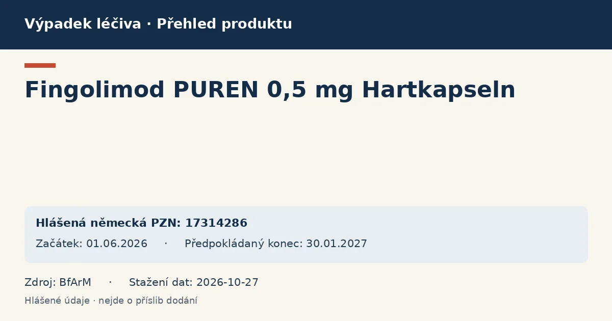 Fingolimod PUREN 0,5 mg Hartkapseln: přehled německého výpadku s hlášenými baleními a obdobím (BfArM) Fingolimod PUREN 0,5 mg Hartkapseln: přehled německého výpadku s hlášenými baleními a obdobím (BfArM)