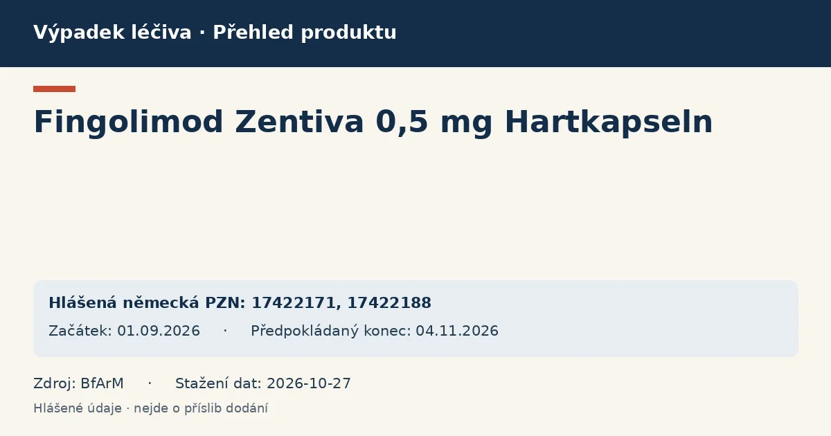 Fingolimod Zentiva 0,5 mg Hartkapseln: přehled německého výpadku s hlášenými baleními a obdobím (BfArM) Fingolimod Zentiva 0,5 mg Hartkapseln: přehled německého výpadku s hlášenými baleními a obdobím (BfArM)