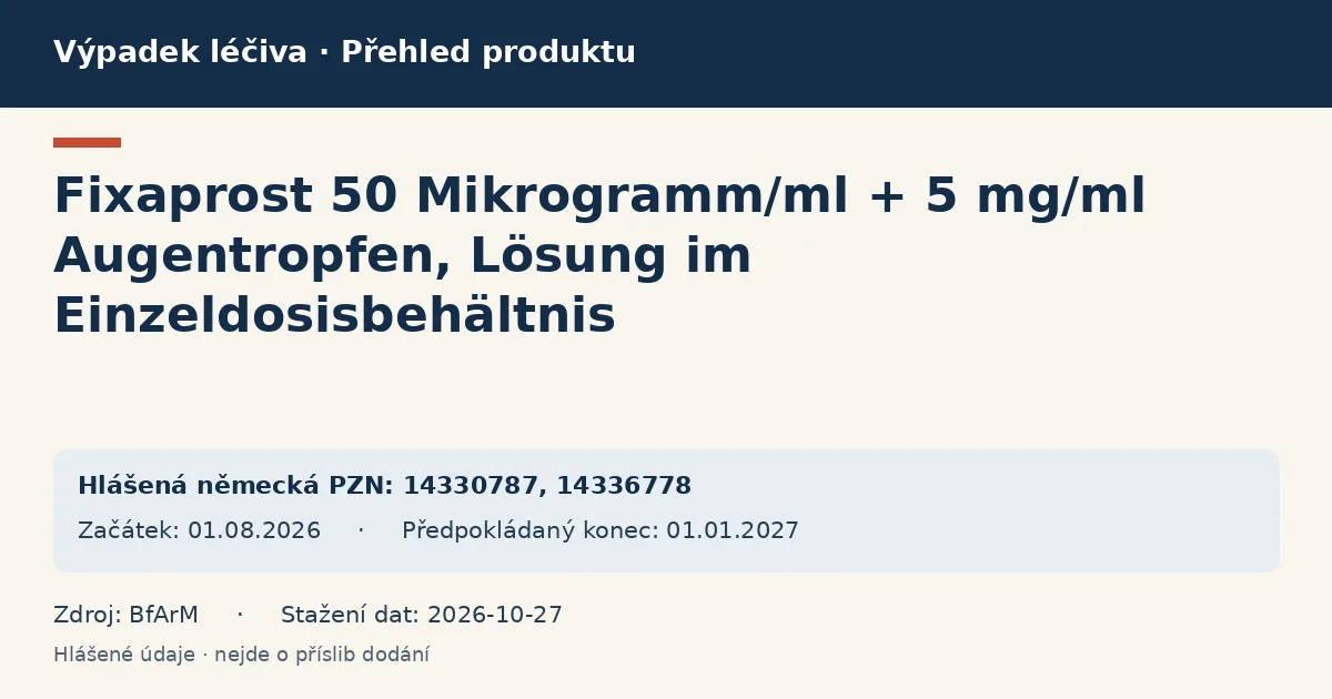 Fixaprost 50 Mikrogramm/ml + 5 mg/ml Augentropfen, Lösung im Einzeldosisbehältnis: přehled německého výpadku s hlášenými baleními a obdobím (BfArM) Fixaprost 50 Mikrogramm/ml + 5 mg/ml Augentropfen, Lösung im Einzeldosisbehältnis: přehled německého výpadku s hlášenými baleními a obdobím (BfArM)