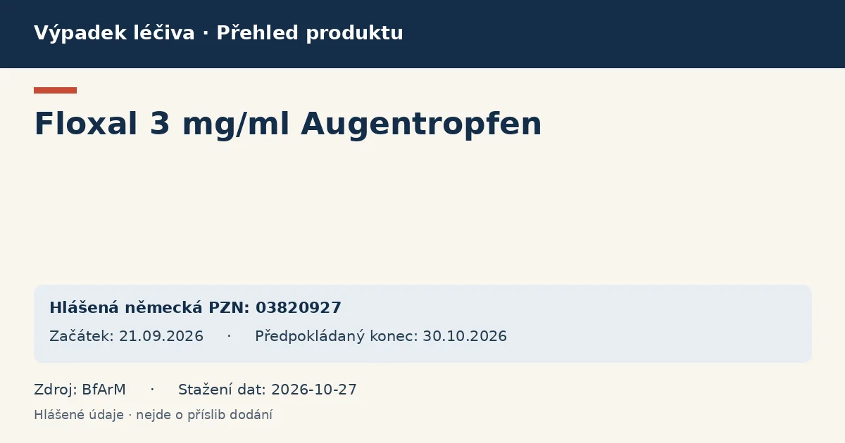 Floxal 3 mg/ml Augentropfen: přehled německého výpadku s hlášenými baleními a obdobím (BfArM) Floxal 3 mg/ml Augentropfen: přehled německého výpadku s hlášenými baleními a obdobím (BfArM)