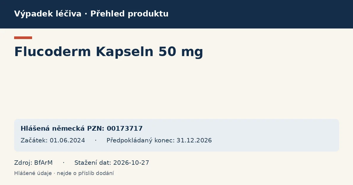 Flucoderm Kapseln 50 mg: přehled německého výpadku s hlášenými baleními a obdobím (BfArM) Flucoderm Kapseln 50 mg: přehled německého výpadku s hlášenými baleními a obdobím (BfArM)