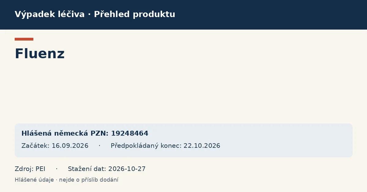Fluenz: přehled německého výpadku s hlášenými baleními a obdobím (PEI) Fluenz: přehled německého výpadku s hlášenými baleními a obdobím (PEI)