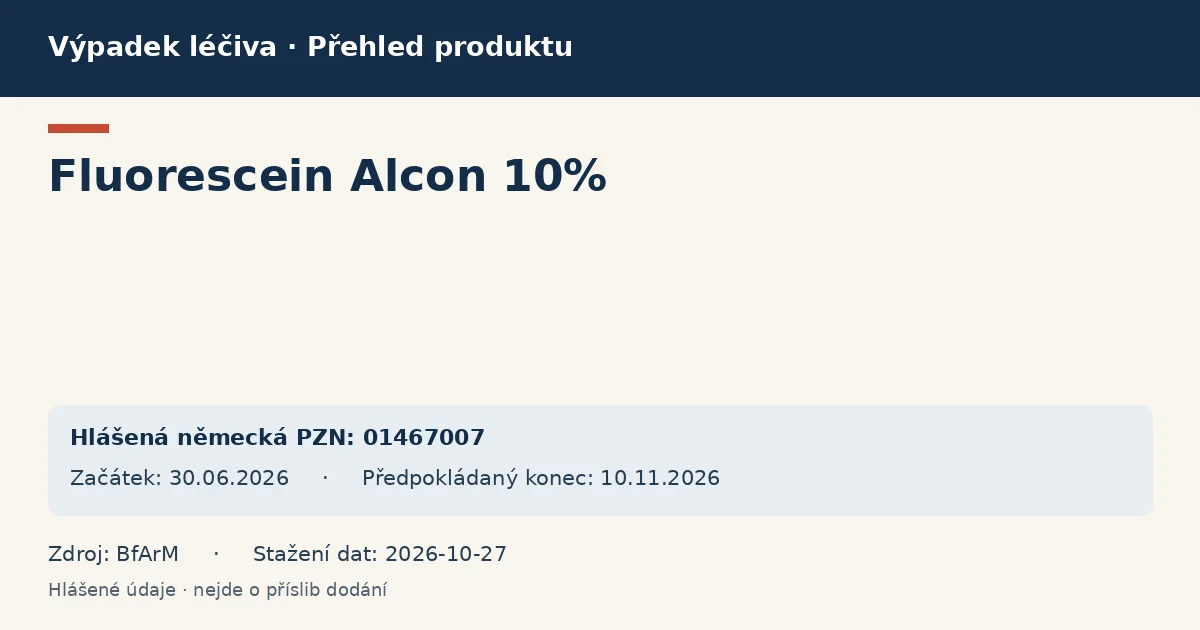 Fluorescein Alcon 10%: přehled německého výpadku s hlášenými baleními a obdobím (BfArM) Fluorescein Alcon 10%: přehled německého výpadku s hlášenými baleními a obdobím (BfArM)