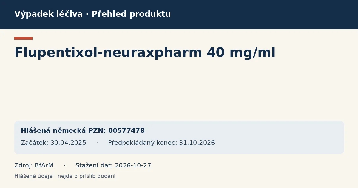 Flupentixol-neuraxpharm 40 mg/ml: přehled německého výpadku s hlášenými baleními a obdobím (BfArM) Flupentixol-neuraxpharm 40 mg/ml: přehled německého výpadku s hlášenými baleními a obdobím (BfArM)