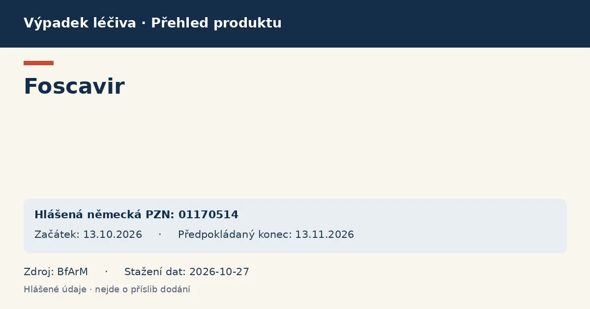 Foscavir: přehled německého výpadku s hlášenými baleními a obdobím (BfArM) Foscavir: přehled německého výpadku s hlášenými baleními a obdobím (BfArM)