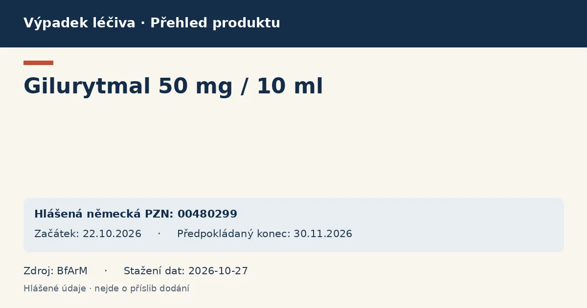 Gilurytmal 50 mg / 10 ml: přehled německého výpadku s hlášenými baleními a obdobím (BfArM) Gilurytmal 50 mg / 10 ml: přehled německého výpadku s hlášenými baleními a obdobím (BfArM)