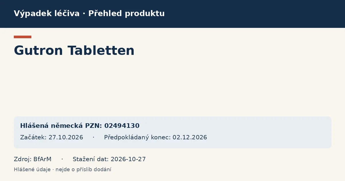 Gutron Tabletten: přehled německého výpadku s hlášenými baleními a obdobím (BfArM) Gutron Tabletten: přehled německého výpadku s hlášenými baleními a obdobím (BfArM)