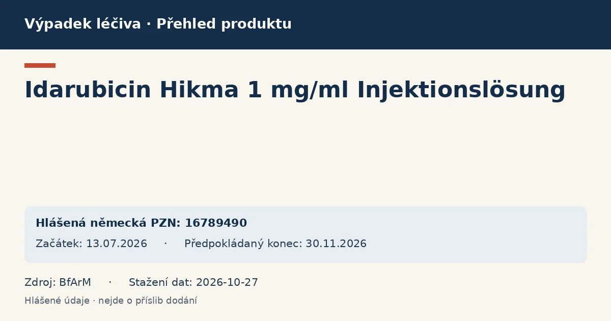 Idarubicin Hikma 1 mg/ml Injektionslösung: přehled německého výpadku s hlášenými baleními a obdobím (BfArM) Idarubicin Hikma 1 mg/ml Injektionslösung: přehled německého výpadku s hlášenými baleními a obdobím (BfArM)