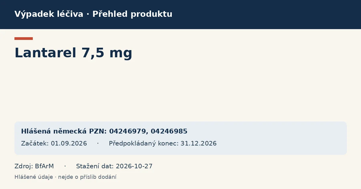 Lantarel 7,5 mg: přehled německého výpadku s hlášenými baleními a obdobím (BfArM) Lantarel 7,5 mg: přehled německého výpadku s hlášenými baleními a obdobím (BfArM)
