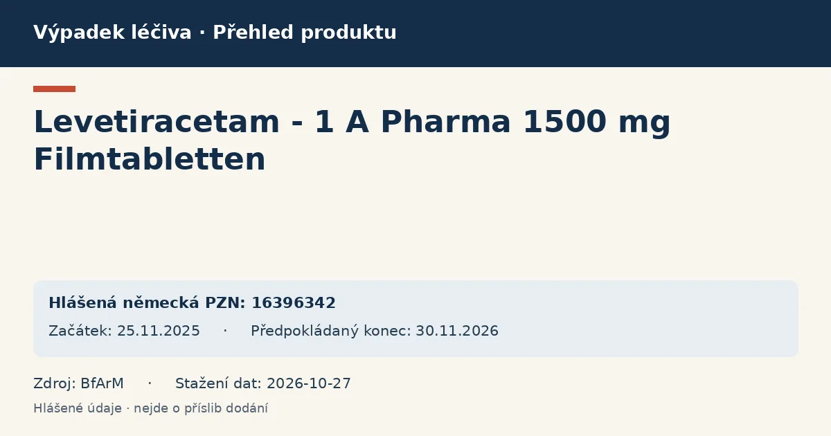 Levetiracetam - 1 A Pharma 1500 mg Filmtabletten: přehled německého výpadku s hlášenými baleními a obdobím (BfArM) Levetiracetam - 1 A Pharma 1500 mg Filmtabletten: přehled německého výpadku s hlášenými baleními a obdobím (BfArM)