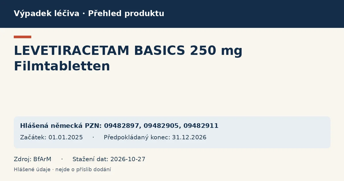 LEVETIRACETAM BASICS 250 mg Filmtabletten: přehled německého výpadku s hlášenými baleními a obdobím (BfArM) LEVETIRACETAM BASICS 250 mg Filmtabletten: přehled německého výpadku s hlášenými baleními a obdobím (BfArM)