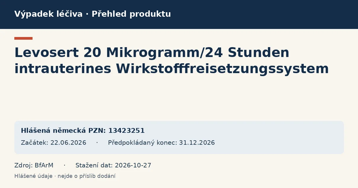 Levosert 20 Mikrogramm/24 Stunden intrauterines Wirkstofffreisetzungssystem: přehled německého výpadku s hlášenými baleními a obdobím (BfArM) Levosert 20 Mikrogramm/24 Stunden intrauterines Wirkstofffreisetzungssystem: přehled německého výpadku s hlášenými baleními a obdobím (BfArM)