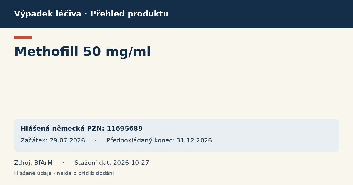 Methofill 50 mg/ml: přehled německého výpadku s hlášenými baleními a obdobím (BfArM) Methofill 50 mg/ml: přehled německého výpadku s hlášenými baleními a obdobím (BfArM)