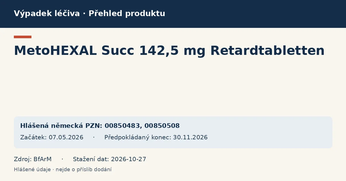 MetoHEXAL Succ 142,5 mg Retardtabletten: přehled německého výpadku s hlášenými baleními a obdobím (BfArM) MetoHEXAL Succ 142,5 mg Retardtabletten: přehled německého výpadku s hlášenými baleními a obdobím (BfArM)