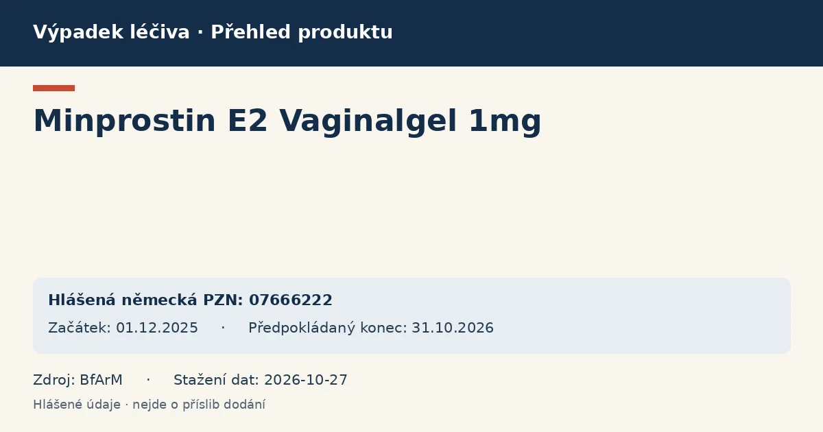 Minprostin E2 Vaginalgel 1mg: přehled německého výpadku s hlášenými baleními a obdobím (BfArM) Minprostin E2 Vaginalgel 1mg: přehled německého výpadku s hlášenými baleními a obdobím (BfArM)