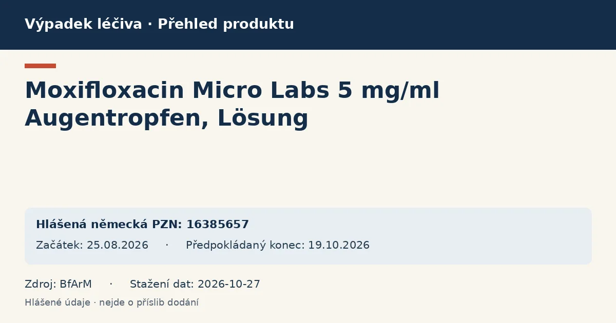 Moxifloxacin Micro Labs 5 mg/ml Augentropfen, Lösung: přehled německého výpadku s hlášenými baleními a obdobím (BfArM) Moxifloxacin Micro Labs 5 mg/ml Augentropfen, Lösung: přehled německého výpadku s hlášenými baleními a obdobím (BfArM)