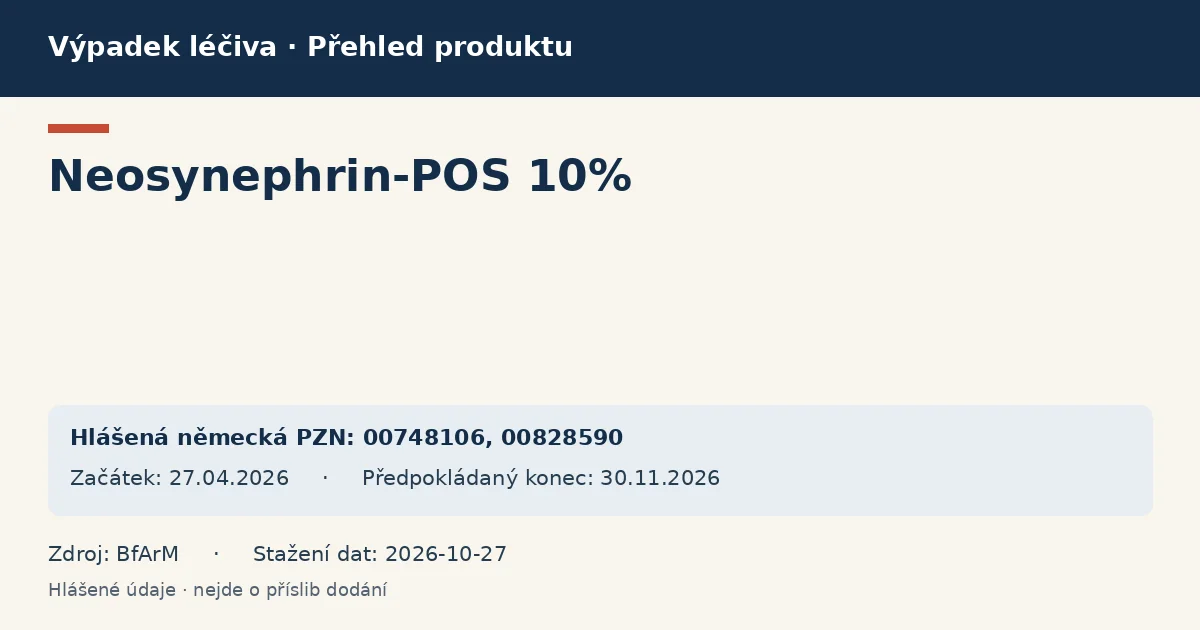 Neosynephrin-POS 10%: přehled německého výpadku s hlášenými baleními a obdobím (BfArM) Neosynephrin-POS 10%: přehled německého výpadku s hlášenými baleními a obdobím (BfArM)