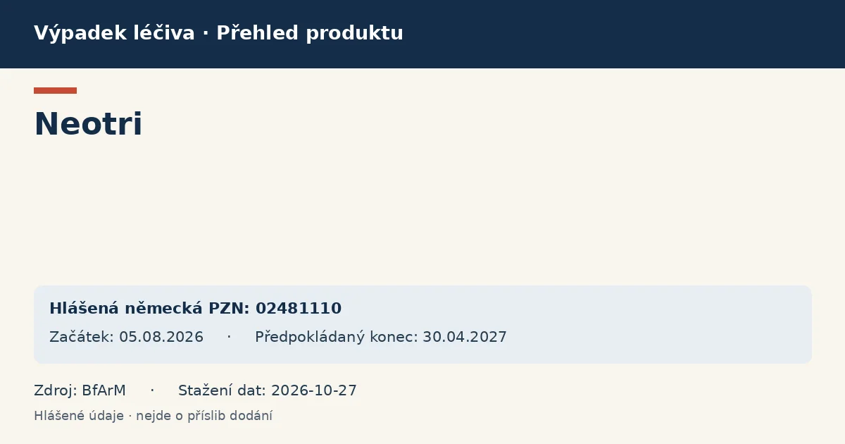 Neotri: přehled německého výpadku s hlášenými baleními a obdobím (BfArM) Neotri: přehled německého výpadku s hlášenými baleními a obdobím (BfArM)