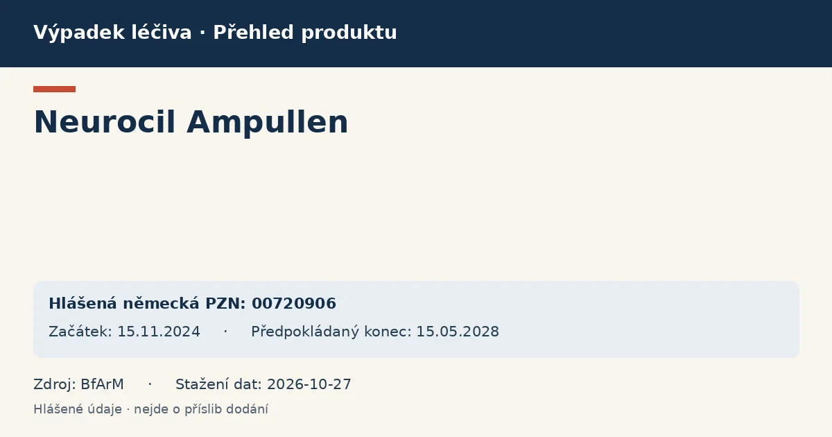 Neurocil Ampullen: přehled německého výpadku s hlášenými baleními a obdobím (BfArM) Neurocil Ampullen: přehled německého výpadku s hlášenými baleními a obdobím (BfArM)