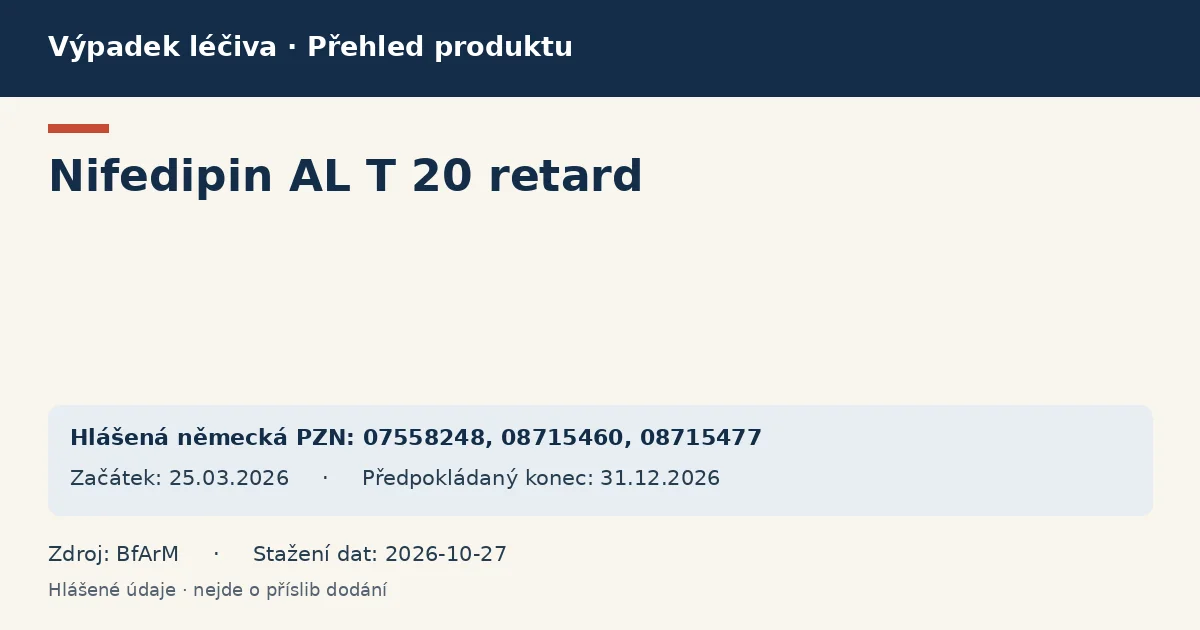 Nifedipin AL T 20 retard: přehled německého výpadku s hlášenými baleními a obdobím (BfArM) Nifedipin AL T 20 retard: přehled německého výpadku s hlášenými baleními a obdobím (BfArM)