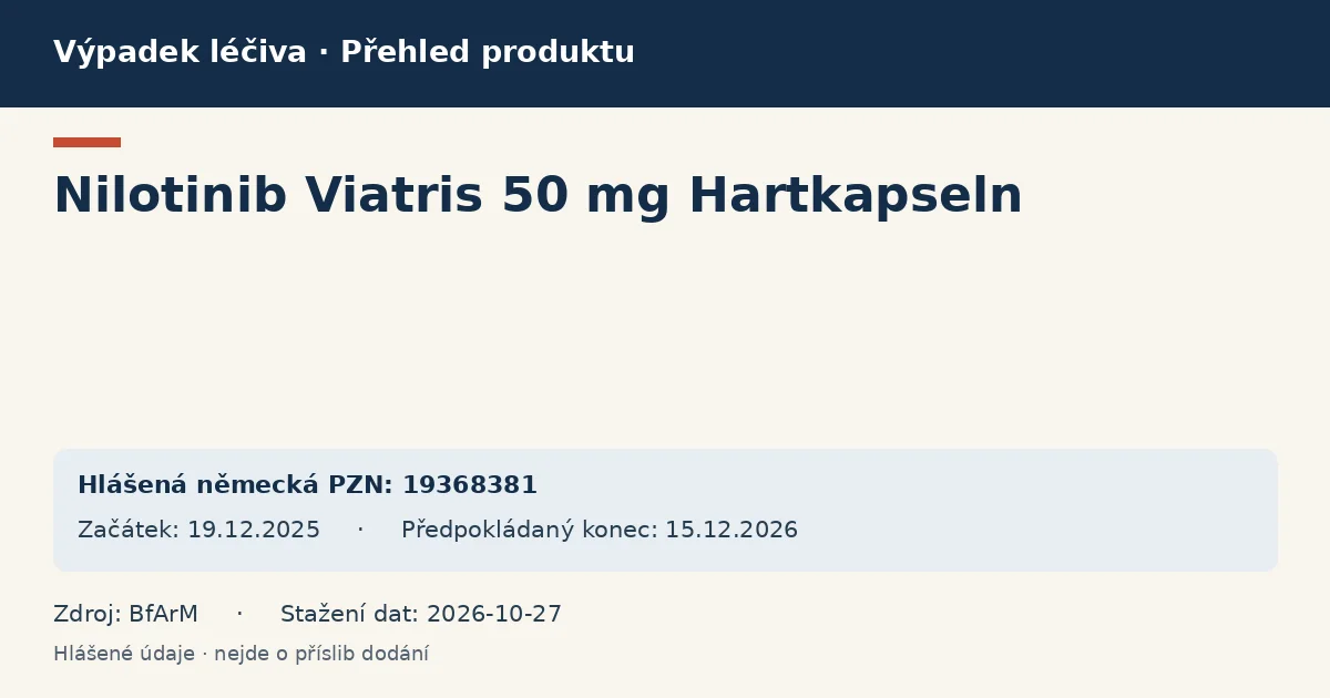 Nilotinib Viatris 50 mg Hartkapseln: přehled německého výpadku s hlášenými baleními a obdobím (BfArM) Nilotinib Viatris 50 mg Hartkapseln: přehled německého výpadku s hlášenými baleními a obdobím (BfArM)