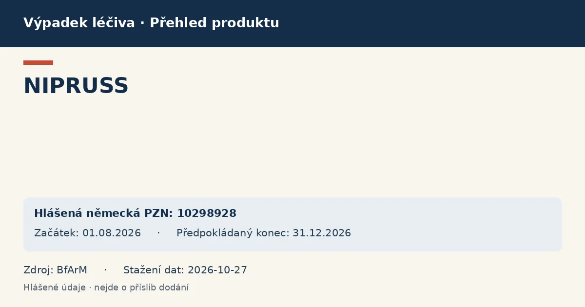 NIPRUSS: přehled německého výpadku s hlášenými baleními a obdobím (BfArM) NIPRUSS: přehled německého výpadku s hlášenými baleními a obdobím (BfArM)