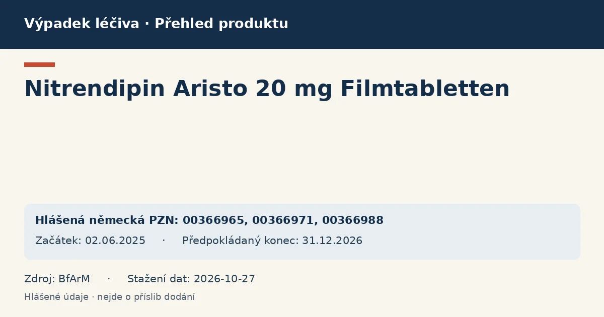 Nitrendipin Aristo 20 mg Filmtabletten: přehled německého výpadku s hlášenými baleními a obdobím (BfArM) Nitrendipin Aristo 20 mg Filmtabletten: přehled německého výpadku s hlášenými baleními a obdobím (BfArM)
