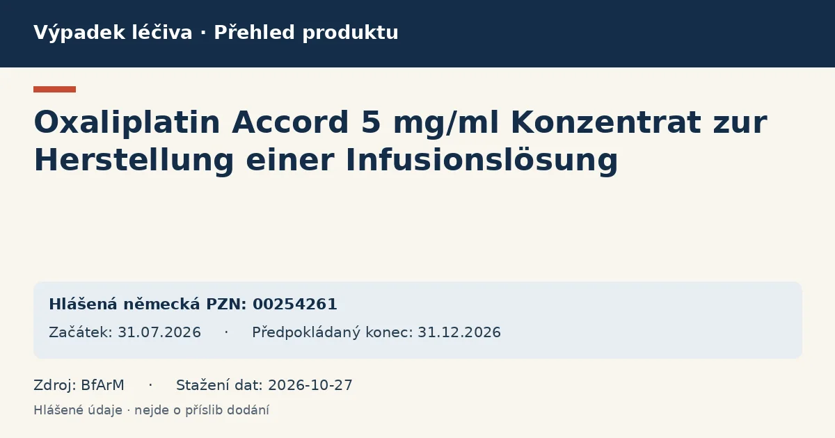 Oxaliplatin Accord 5 mg/ml Konzentrat zur Herstellung einer Infusionslösung: přehled německého výpadku s hlášenými baleními a obdobím (BfArM) Oxaliplatin Accord 5 mg/ml Konzentrat zur Herstellung einer Infusionslösung: přehled německého výpadku s hlášenými baleními a obdobím (BfArM)