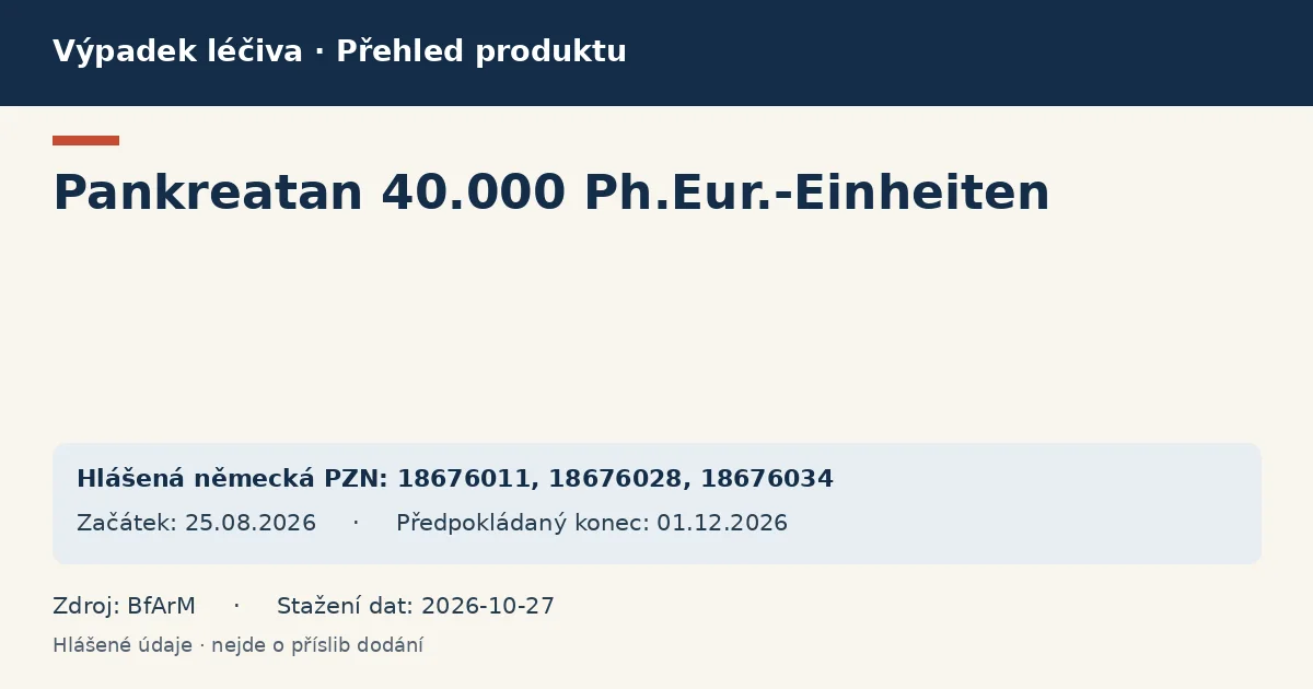 Pankreatan 40.000 Ph.Eur.-Einheiten: přehled německého výpadku s hlášenými baleními a obdobím (BfArM) Pankreatan 40.000 Ph.Eur.-Einheiten: přehled německého výpadku s hlášenými baleními a obdobím (BfArM)