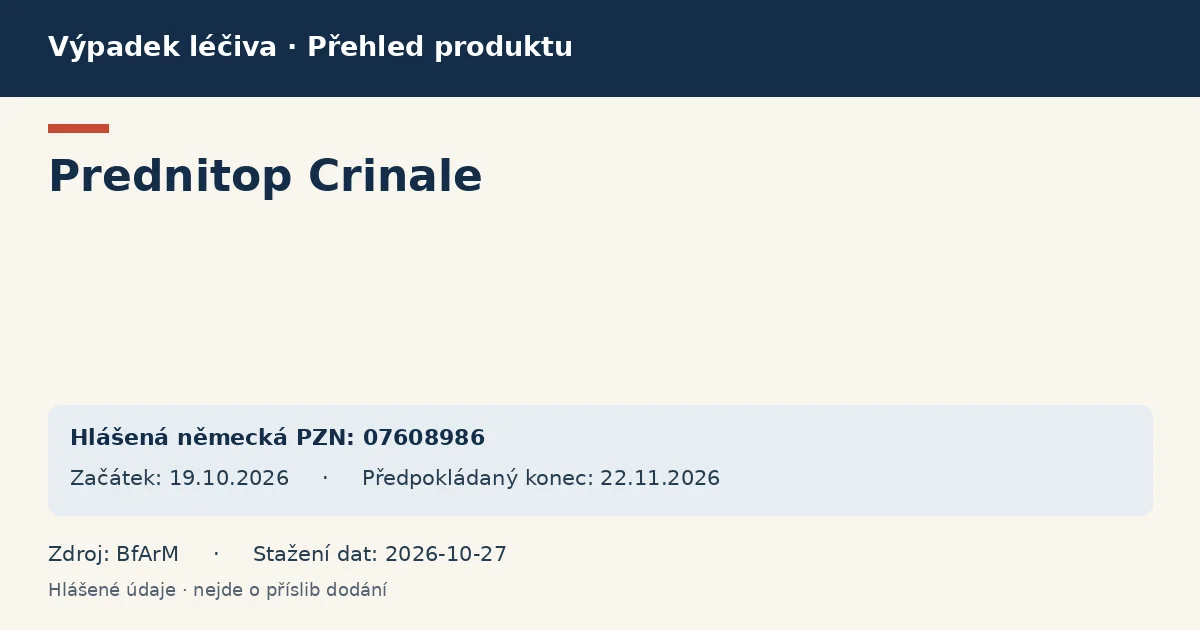 Prednitop Crinale: přehled německého výpadku s hlášenými baleními a obdobím (BfArM) Prednitop Crinale: přehled německého výpadku s hlášenými baleními a obdobím (BfArM)