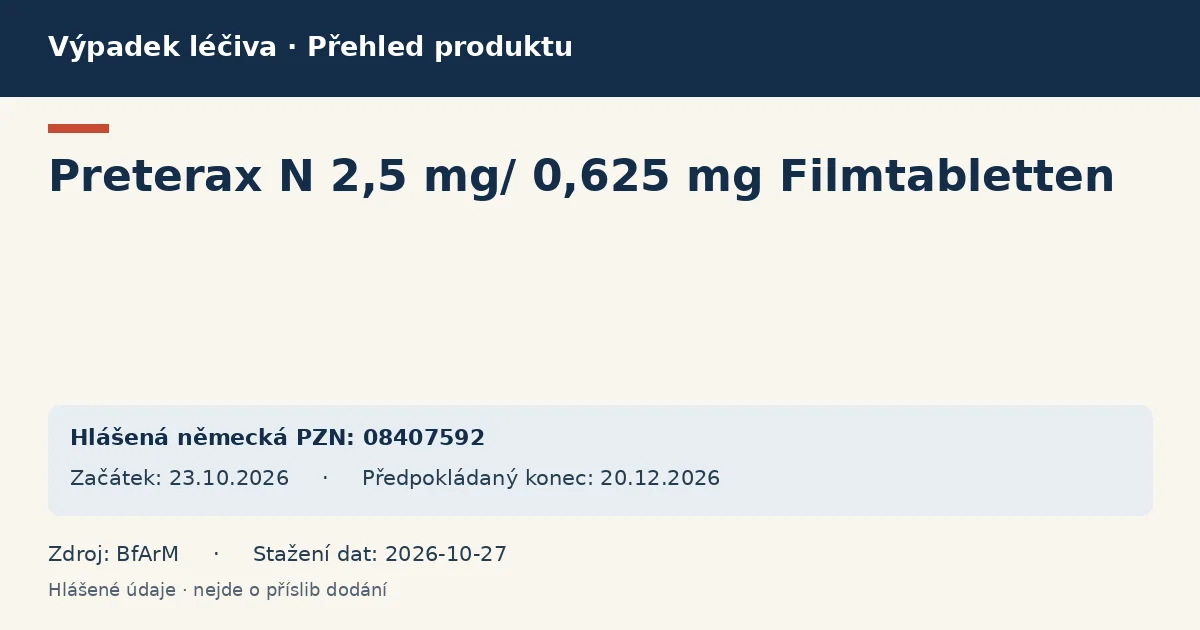 Preterax N 2,5 mg/ 0,625 mg Filmtabletten: přehled německého výpadku s hlášenými baleními a obdobím (BfArM) Preterax N 2,5 mg/ 0,625 mg Filmtabletten: přehled německého výpadku s hlášenými baleními a obdobím (BfArM)