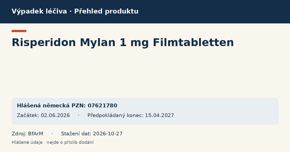 Risperidon Mylan 1 mg Filmtabletten: přehled německého výpadku s hlášenými baleními a obdobím (BfArM) Risperidon Mylan 1 mg Filmtabletten: přehled německého výpadku s hlášenými baleními a obdobím (BfArM)