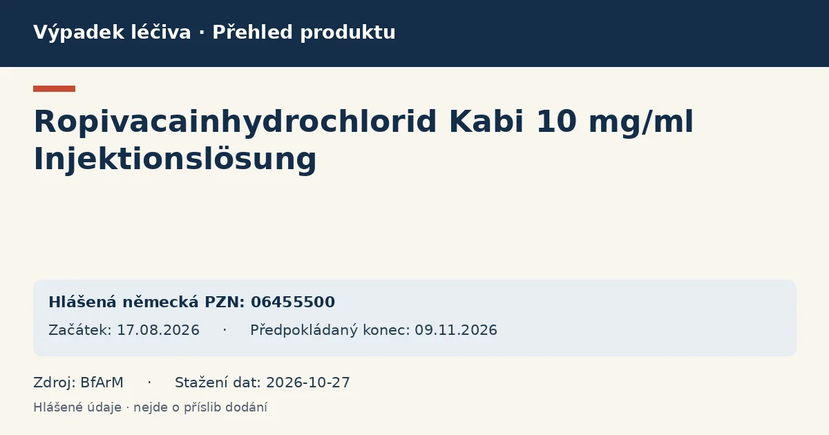 Ropivacainhydrochlorid Kabi 10 mg/ml Injektionslösung: přehled německého výpadku s hlášenými baleními a obdobím (BfArM) Ropivacainhydrochlorid Kabi 10 mg/ml Injektionslösung: přehled německého výpadku s hlášenými baleními a obdobím (BfArM)