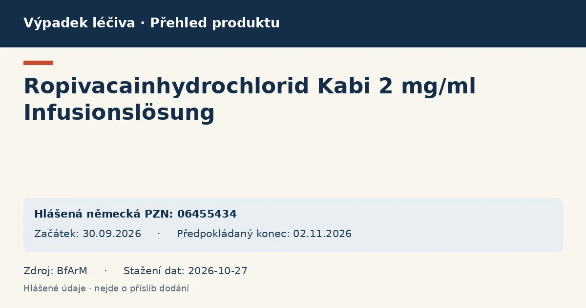 Ropivacainhydrochlorid Kabi 2 mg/ml Infusionslösung: přehled německého výpadku s hlášenými baleními a obdobím (BfArM) Ropivacainhydrochlorid Kabi 2 mg/ml Infusionslösung: přehled německého výpadku s hlášenými baleními a obdobím (BfArM)