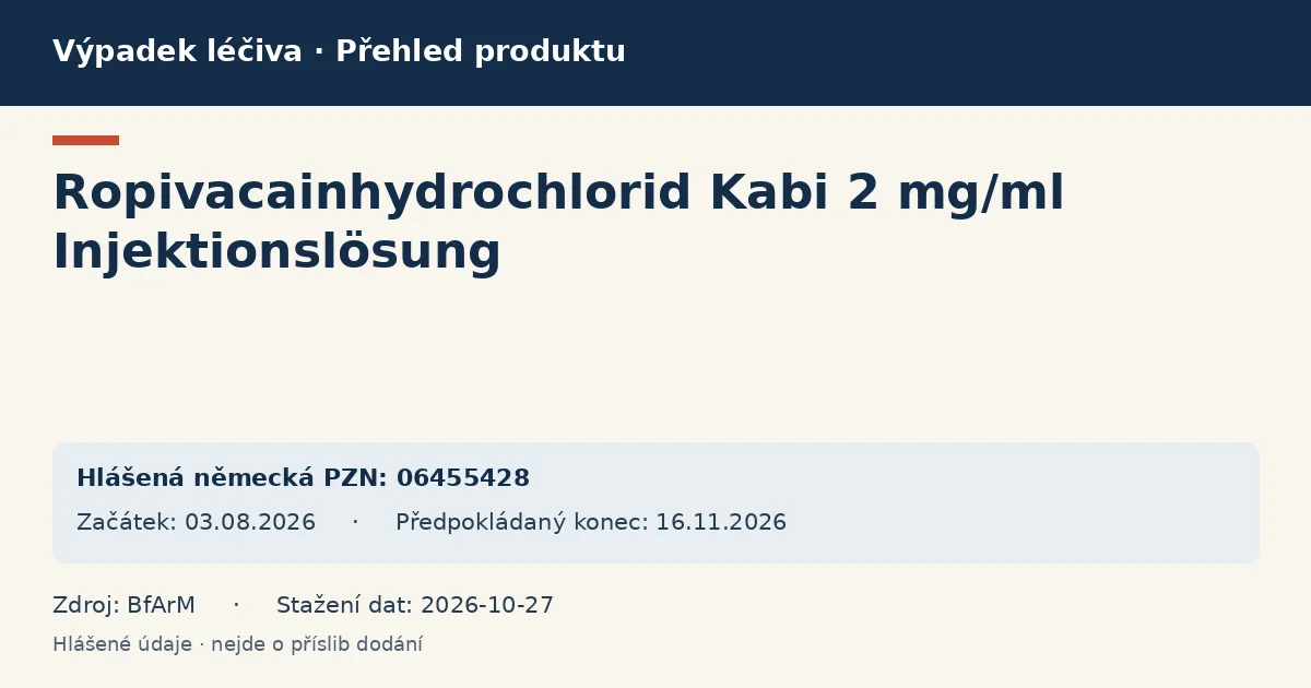 Ropivacainhydrochlorid Kabi 2 mg/ml Injektionslösung: přehled německého výpadku s hlášenými baleními a obdobím (BfArM) Ropivacainhydrochlorid Kabi 2 mg/ml Injektionslösung: přehled německého výpadku s hlášenými baleními a obdobím (BfArM)