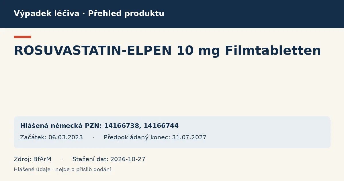 ROSUVASTATIN-ELPEN 10 mg Filmtabletten: přehled německého výpadku s hlášenými baleními a obdobím (BfArM) ROSUVASTATIN-ELPEN 10 mg Filmtabletten: přehled německého výpadku s hlášenými baleními a obdobím (BfArM)