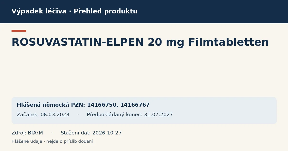 ROSUVASTATIN-ELPEN 20 mg Filmtabletten: přehled německého výpadku s hlášenými baleními a obdobím (BfArM) ROSUVASTATIN-ELPEN 20 mg Filmtabletten: přehled německého výpadku s hlášenými baleními a obdobím (BfArM)